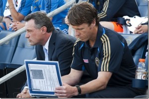 John Hackworth (right) has never publicly criticized his former boss, Peter Nowak, but Hackworth thought the Union should never have traded Califf away . (Photo: Daniel Gajdamowicz)