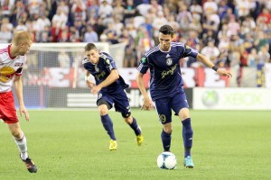Marion Pinto and Ben Sweat go on the attack against the Red Bulls. (Photo Credit: Paul Rudderow)