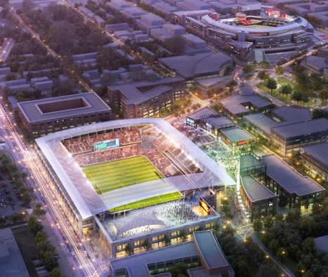 Rendering of proposed new DC United stadium with the Nationals' ballpark in the background.