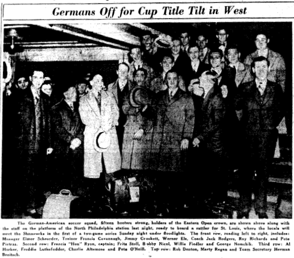 German Americabns depart for St. Louis and the first leg of the 1936 Nional Challenge Cup final. From the April 25, 1936 edition of the Philadelphia Inquirer.