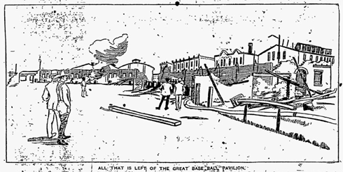 Illustration from the front page of the August 7, 1894 edition of the Philadelphia Inquirer showing the aftermath of the Philadelphia Base Ball Park fire.