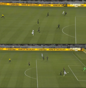 Carroll watching the ball and leaving Zardes to run behind