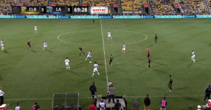 With Meram central, Columbus overloaded the midfield and released Higuain to run at the defense (this play led to Omar Gonzalez' caution).