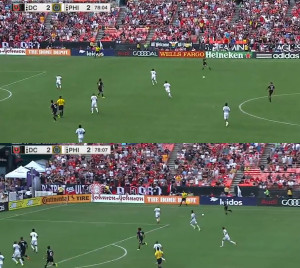 So much wrong on the 3rd goal: Fred leaves Espindola to guard empty space, Le Toux and Fabinho both step to Korb and leave DeLeon alone, Edu then tracks DeLeon and leaves Saborio for White. White leave Espindola for Gaddis, and at that point fate takes over. 