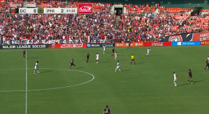 In the buildup to the penalty, Zach Pfeffer did not step to Davy Arnaud, allowing the vet to pick out a pass and lope into the box. 