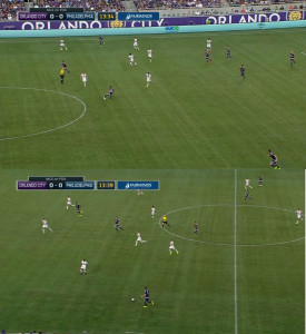 Brian Carroll steps to the ball to force Neal wide then shadows Kaka throughout Orlando's transition. Also notice Barnetta closing the ball down in the bottom frame.
