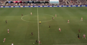 Ray Gaddis tried to ride the back of Shaun Wright-Phillips. The winger let the ball run to the man in the space Gaddis should have had and took off upfield to earn a penalty.