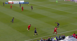 Wenger presses too high, getting tight before his line can shift over. That's about as much space as you'll ever see between a fullback and a center back on a pro team. 