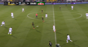 Le Toux stays high instead of dropping into a line with the midfield.