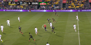 Columbus plays the ball central then easily transitions wide to break forward in numbers with Le Toux left chasing. (2 of 2)