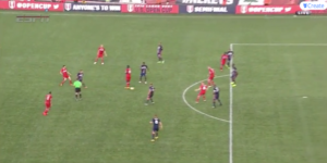 A pass through the center of midfield finds one Chicago player goalside of his man and two others with enough space to play a quick pass or collect and turn.